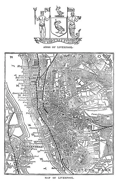 Map and Arms of Liverpool (Victorian engraving)