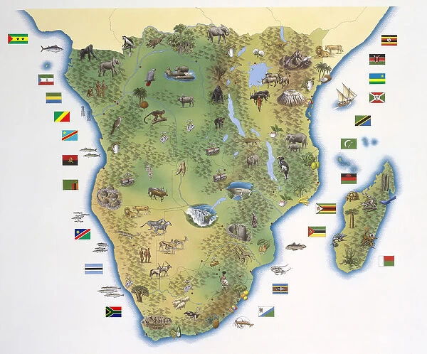 Map of Southern Africa, with illustrations showing distinguishing features