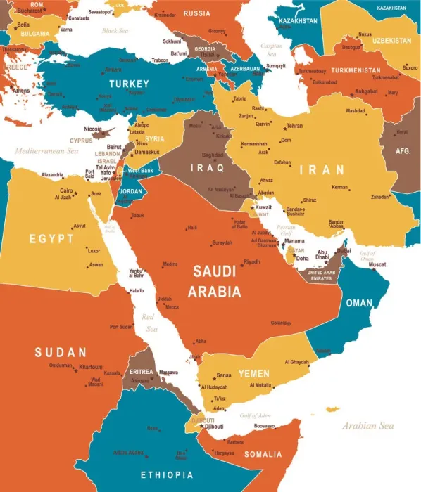 Framed Print : Middle East Print - Colored Map Framed Print : Middle East Print - Colored Map