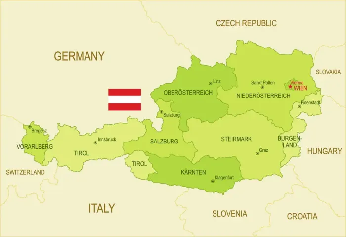Framed Print : Austrian Flat Map Print with National Flag Framed Print : Austrian Flat Map Print with National Flag