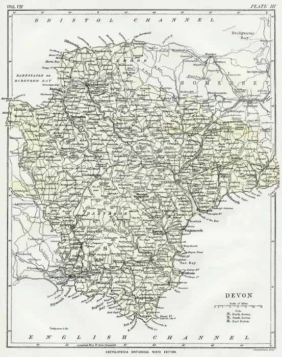 Framed Print : 1883 Devon Map Print, Encyclopedia Britannica 9th Edition Framed Print : 1883 Devon Map Print, Encyclopedia Britannica 9th Edition