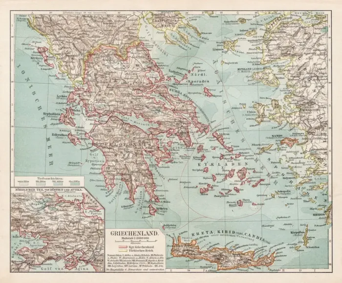 Framed Print : Greece Map Print 1900 Meyers Atlas Framed Print : Greece Map Print 1900 Meyers Atlas