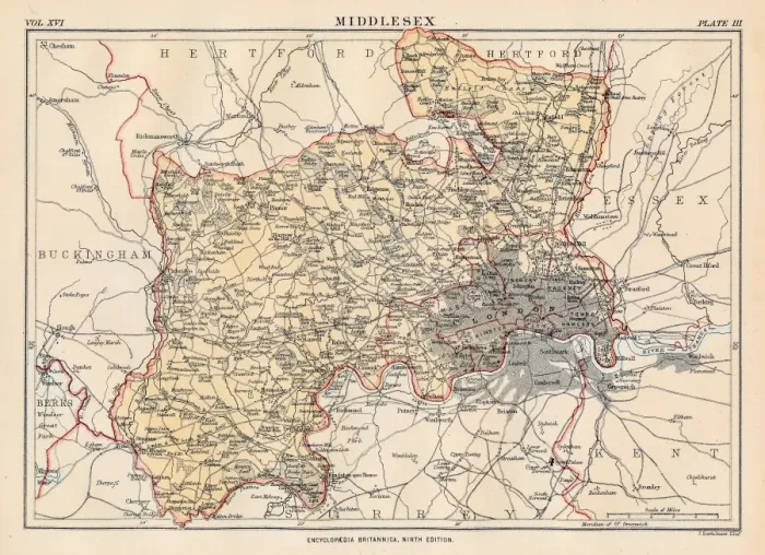 Framed Print : Middlesex Map Print 1883 Encyclopedia Britannica Vol XVI Historical Maps Framed Print : Middlesex Map Print 1883 Encyclopedia Britannica Vol XVI Historical Maps