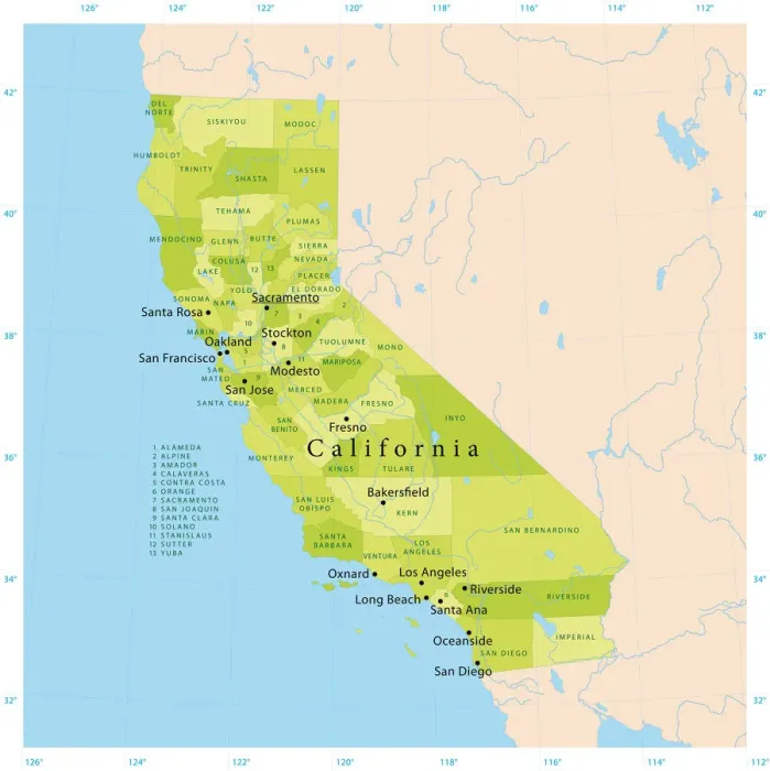 Framed Print : California Vector Map Print for Large-Scale Display