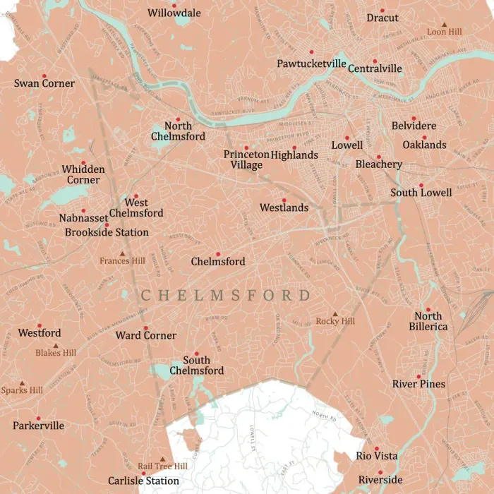 Framed Print : Chelmsford MA Vector Road Map Print Framed Print : Chelmsford MA Vector Road Map Print