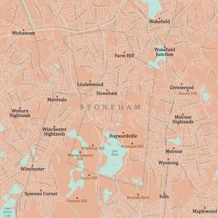 Framed Print : Stoneham, MA Vector Road Map Print