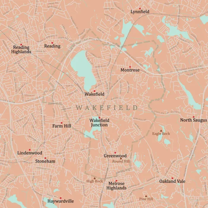 Framed Print : Wakefield, MA Vector Road Map Print Framed Print : Wakefield, MA Vector Road Map Print