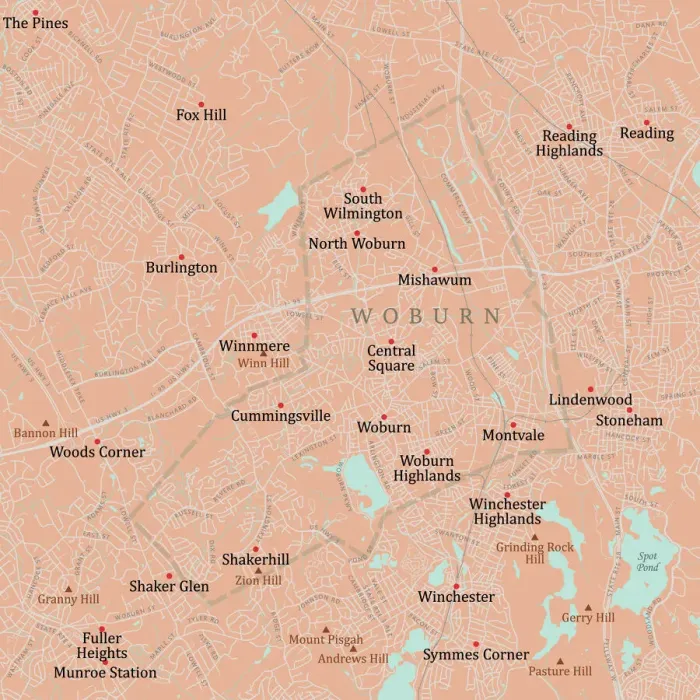 Framed Print : Woburn, MA Vector Road Map Print Framed Print : Woburn, MA Vector Road Map Print