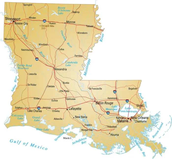 Framed Print : Louisiana Vector Map Print with Major Roads and Waterways Framed Print : Louisiana Vector Map Print with Major Roads and Waterways