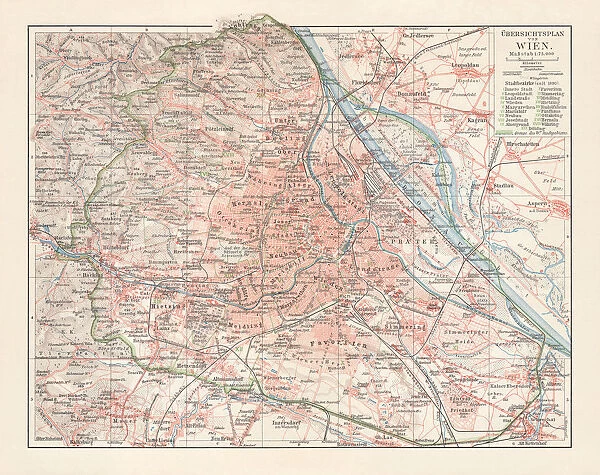 Map of Vienna and surroundings, capital city of Austria, 1897