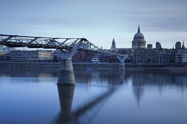 Millenium Bridge, River Thames and St Pauls Cathedral, London, England, United Kingdom