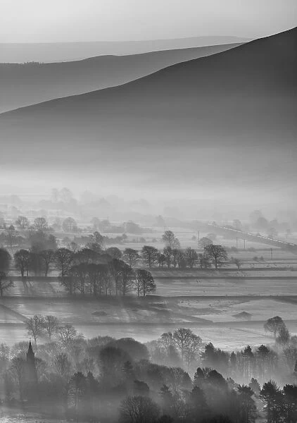 Misty Edale vally in black and white, English Peak District. UK