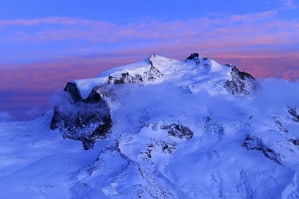 Monte Rosa Mountains with the highest mountain in Switzerland, Pointe Dufour, red evening light, Zermatt, Valais, Switzerland, Europe
