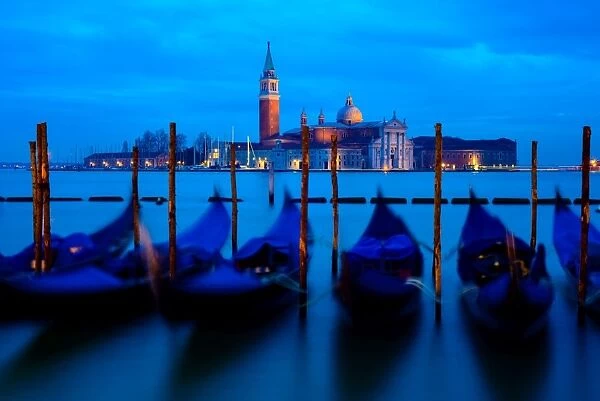 Moored Gondolas and the Island of Saint Giorgio Maggiore at Night
