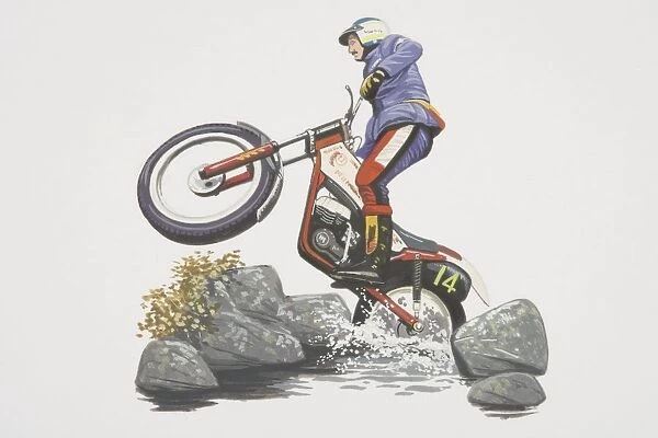 Motorcycle rider performing a wheelie while negociating rocks and water, low angle side view