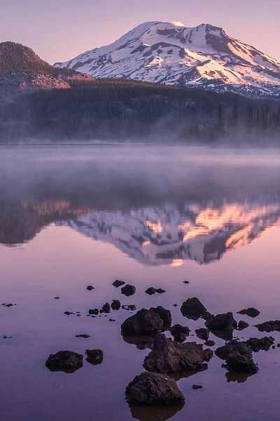 Mount Bachelor by lake in fog, Sparks Lake, Oregon, USA