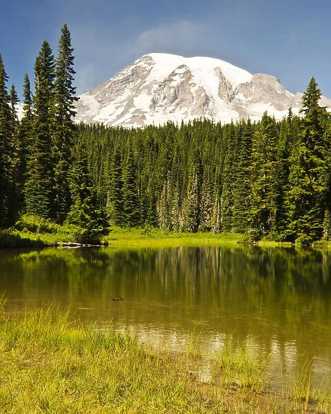 Mount Rainier and Reflection Lakes on sunny day, Mount Rainier National Park, Washington State, USA