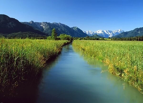 Murnau Moor, Murnauer Moos, in front of the Ester Mountains and the Wetterstein Range, Upper Bavaria, Bavaria, Germany