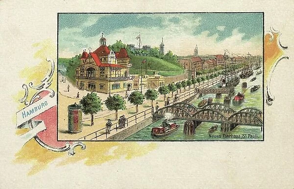 Neues Faehrhaus, St. Pauli, Hamburg, Germany, postcard with text, view around ca 1910, historical, digital reproduction of a historical postcard, public domain, from that time, exact date unknown
