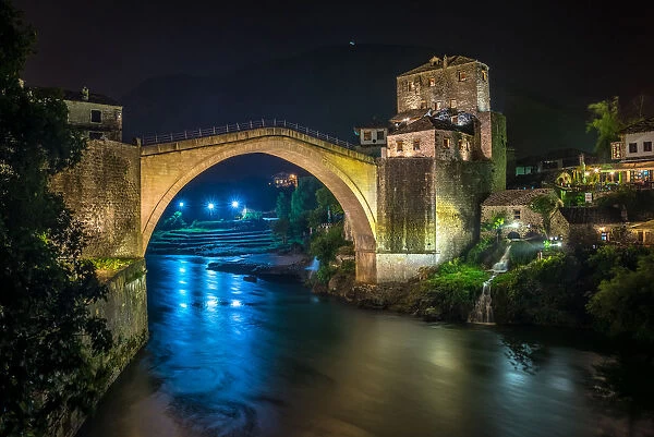 Night view of the Old Bridge in Mostar, Bosnia