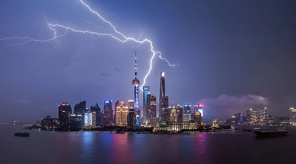 night view of Shanghai Lujiazui buildings with lightning