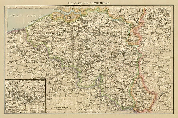 Old chromolithograph map of Belgium and Luxembourg