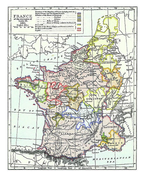 Old chromolithograph map of France of the accession of Louis XI - 1461