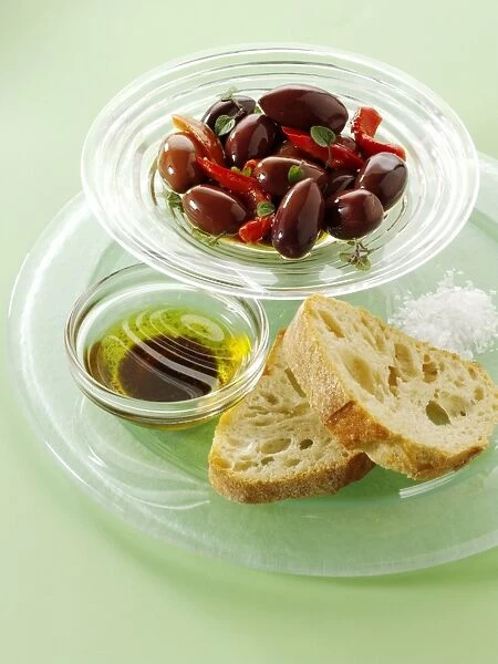 Olives with ciabatta bread and oil for dipping, snacks