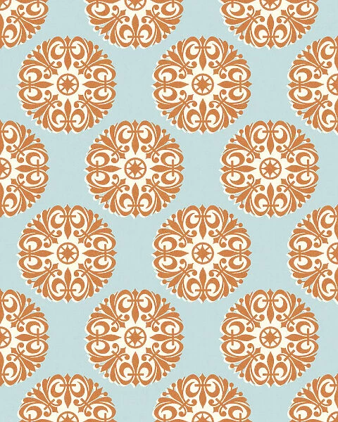 Orange Fleur De Lis Pattern on Blue Background