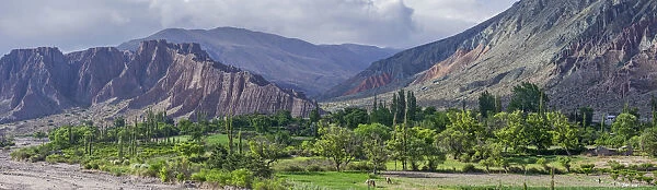 Panoramic, lush vegetation at the Purmamarca river, behind Cerro de los Siete Colores or Hill of Seven Colors in Purmamarca, Jujuy Province, Argentina
