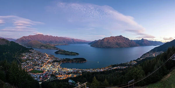 Panoramic Queenstown cityscape at dusk, New Zealand