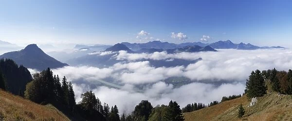 Panoramic view from Mt Heuberg near Nussdorf am Inn, with Mt Kranzhorn, Mt Wildbarren and Mt Wendelstein, from left, Chiemgau Alps, Chiemgau, Upper Bavaria, Bavaria, Germany