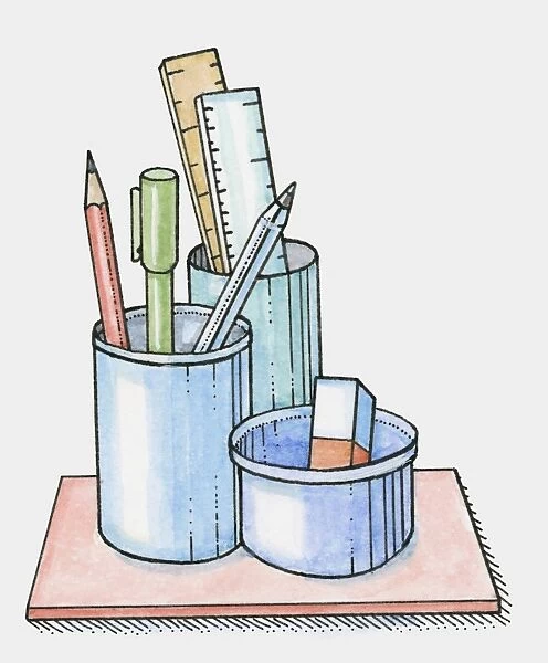 Pens, eraser and rulers in pen holders
