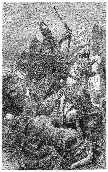Pharaoh Rameses II ( Sesostris ) fighting in the battle of Kadesch illustration