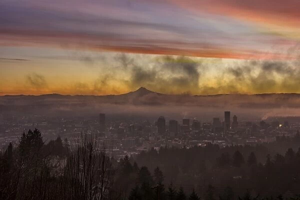 Portland Oregon Cityscape with Mount Hood at Dawn