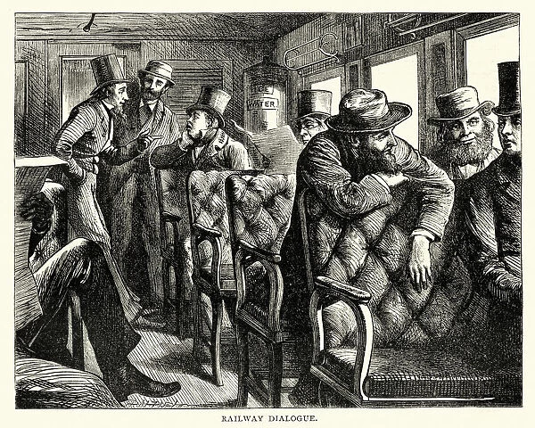 Railway passengers talking to each other, USA, 19th Century
