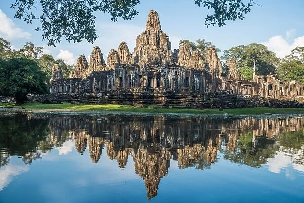 The reflection of Bayon temple in Siem Reap, Cambodia