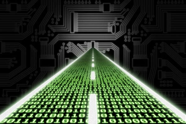 Road made of binary code leading towards a stylized circuit board, conceptual image for data highway, broadband connection, 3D illustration