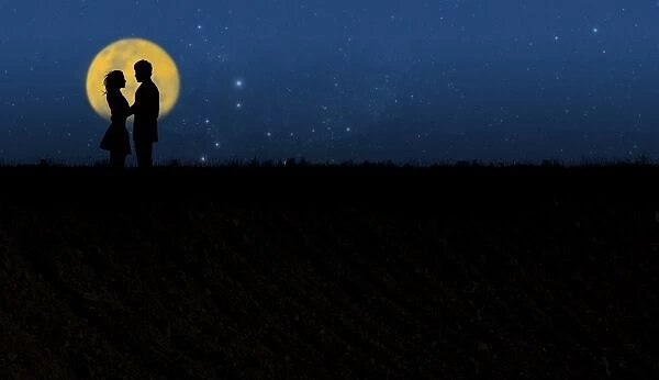 Romantic couple moonlight silhouette