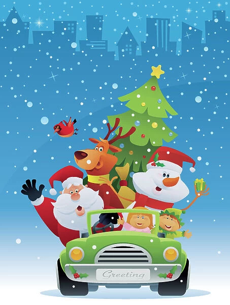Santa with a reindeer and snowman in a car