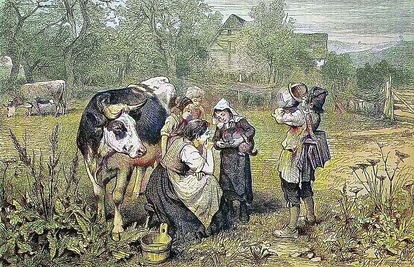 Savoyard children with cow, Savoy, France, historical wood engraving, c. 1880, digitally restored reproduction of a 19th century original, exact original date not known, coloured