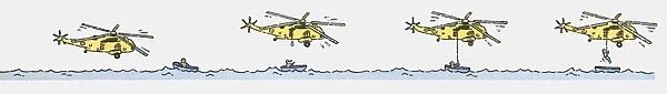 Sequence of illustrations showing helicopter rescuing person from sinking boat