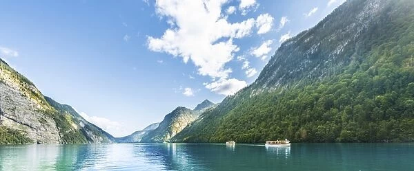 Ships on Lake Konigssee, Berchtesgaden National Park, Berchtesgadener Land district, Upper Bavaria, Bavaria, Germany