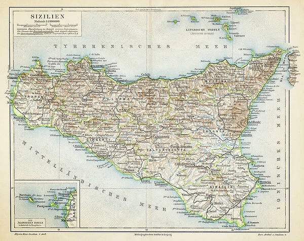Sicily map 1895. Meyers Konversations-Lexikon