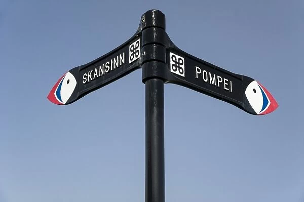 Signposts Pompei and Skansinn, town of Vestmannaeyjar, Heimaey Island, Westman Islands, south Iceland or Suourland, Iceland, Europe