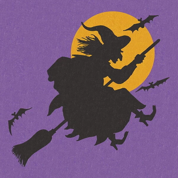 Silhouette of a Witch Flying on a Broomstick