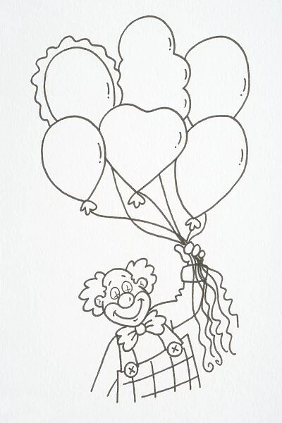 Smiling clown in overalls and bow tie holding a bunch of helium baloons, front view