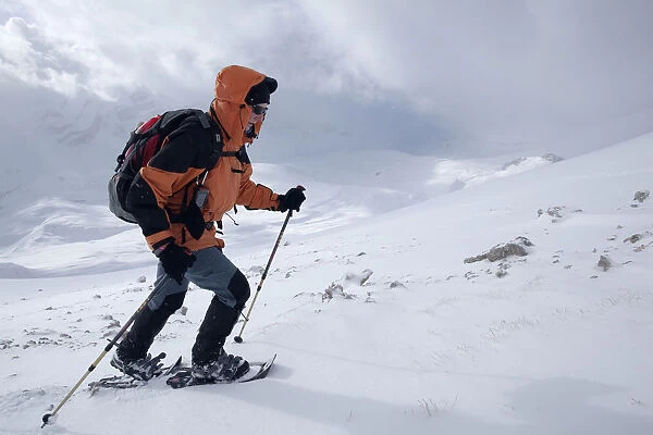 Snowshoe walker ascending Neunerspitze peak, Dolomites, South Tyrol, Italy, Europe