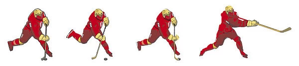 Four stages of ice hockey player performing wrist shot