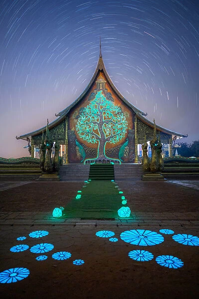 Star Trail over Wat Sirindhorn Wararam, Ubon Ratchathani, Thailand